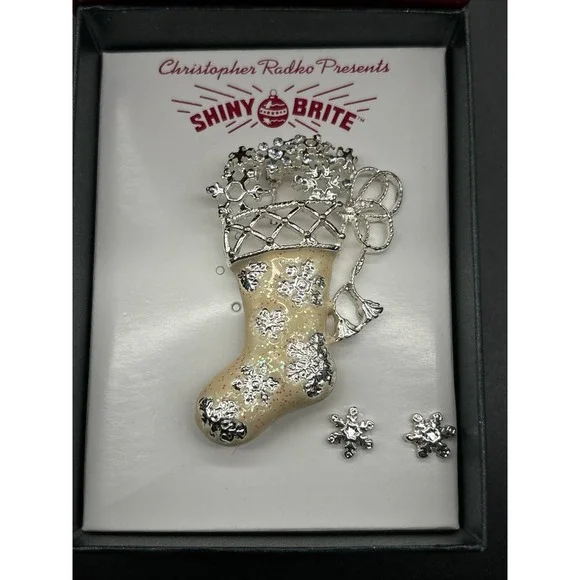 Christopher Radko shiny Brite stocking pin brooch and matching earrings - Picture 2 of 16